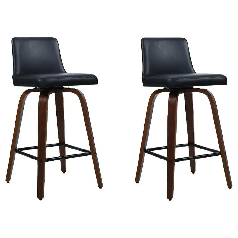 2x Bar Stools - Swivel Leather Padded Wooden