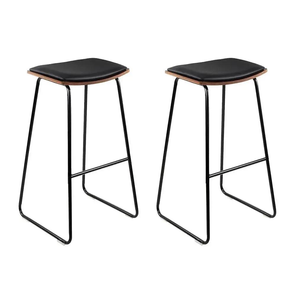 2x Leather Padded Bar Stools with Metal Legs | Black & Wood