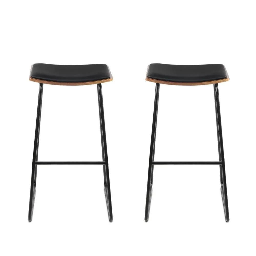 2x Leather Padded Bar Stools with Metal Legs | Black & Wood