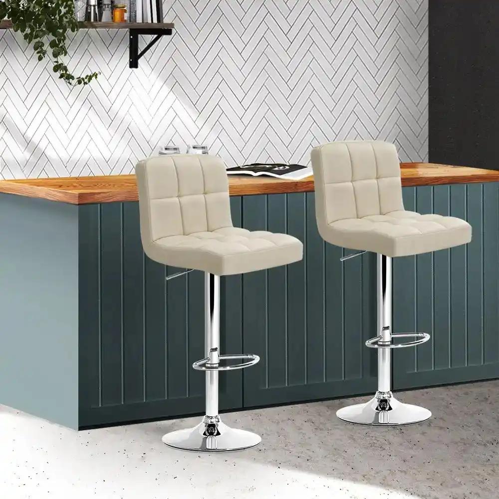 2x Checkered Leather Gas Lift Bar Stools | Beige