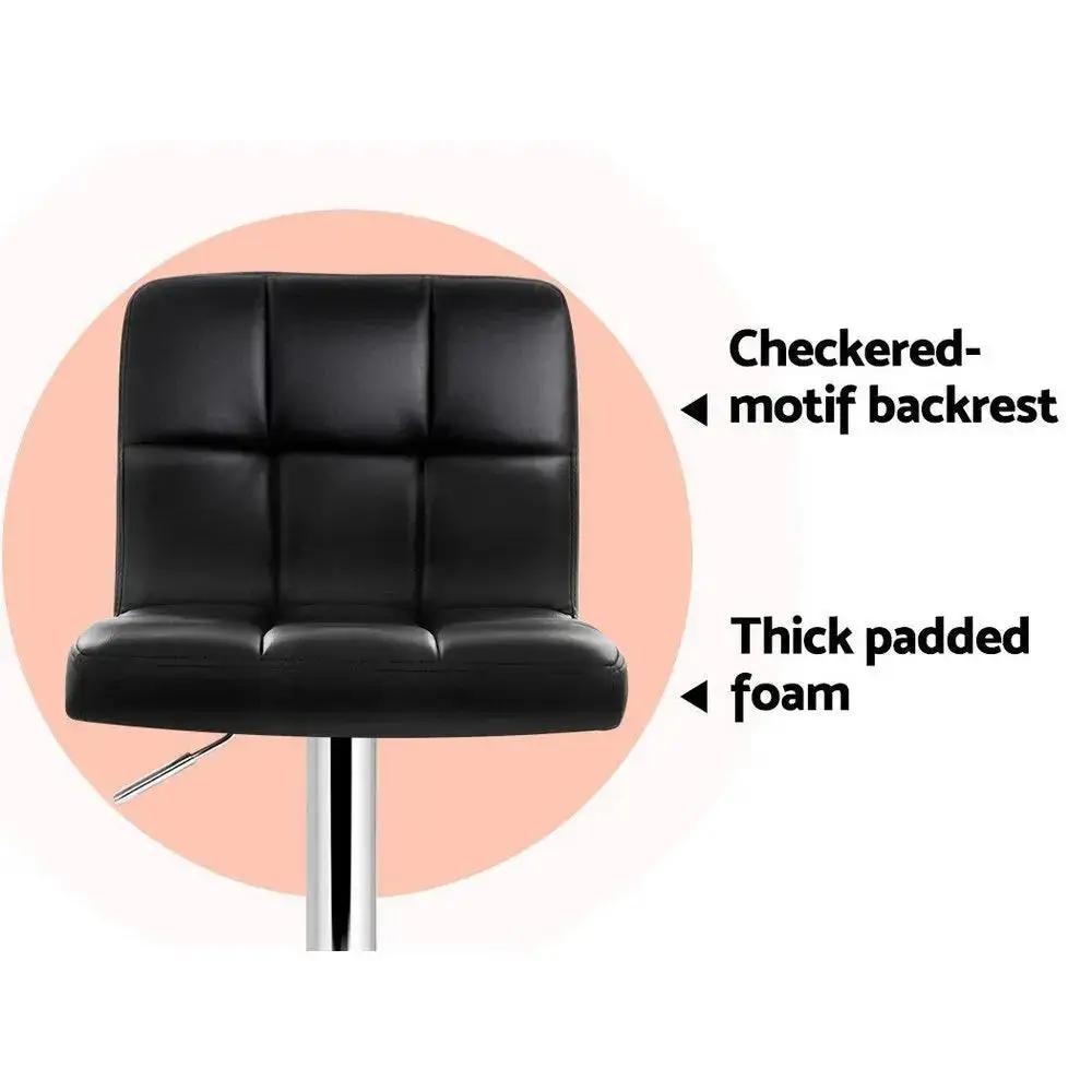 2x Checkered Leather Gas Lift Bar Stools | Black