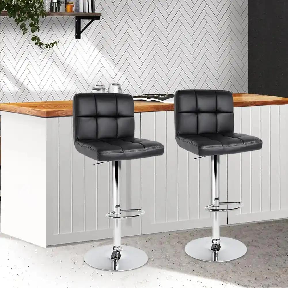 2x Checkered Leather Gas Lift Bar Stools | Black