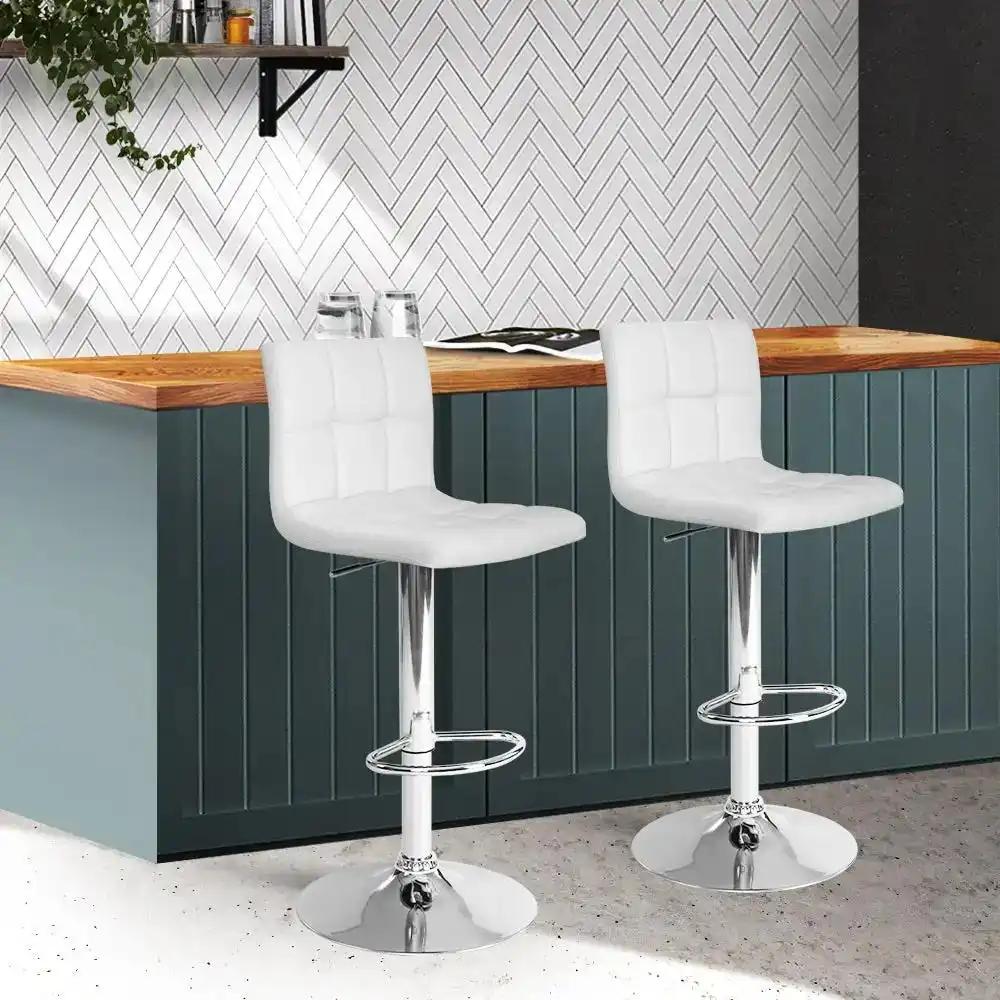 2x Checkered Leather Gas Lift Bar Stools | White