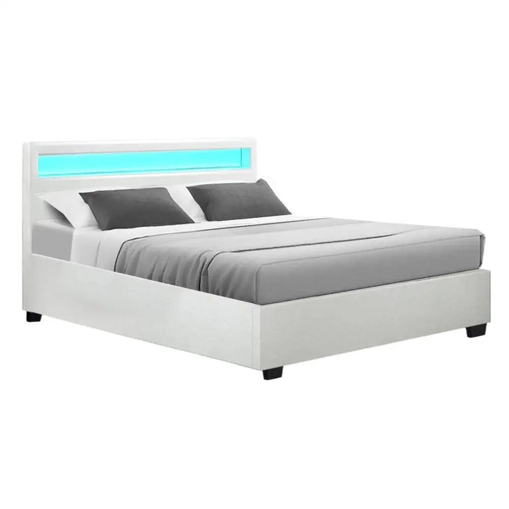 Queen (White) LED Gas Lift Bed Frame | PU Leather | RadianceLift