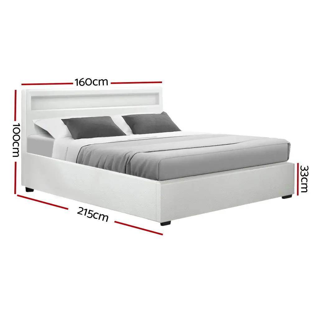 Queen (White) LED Gas Lift Bed Frame | PU Leather | RadianceLift