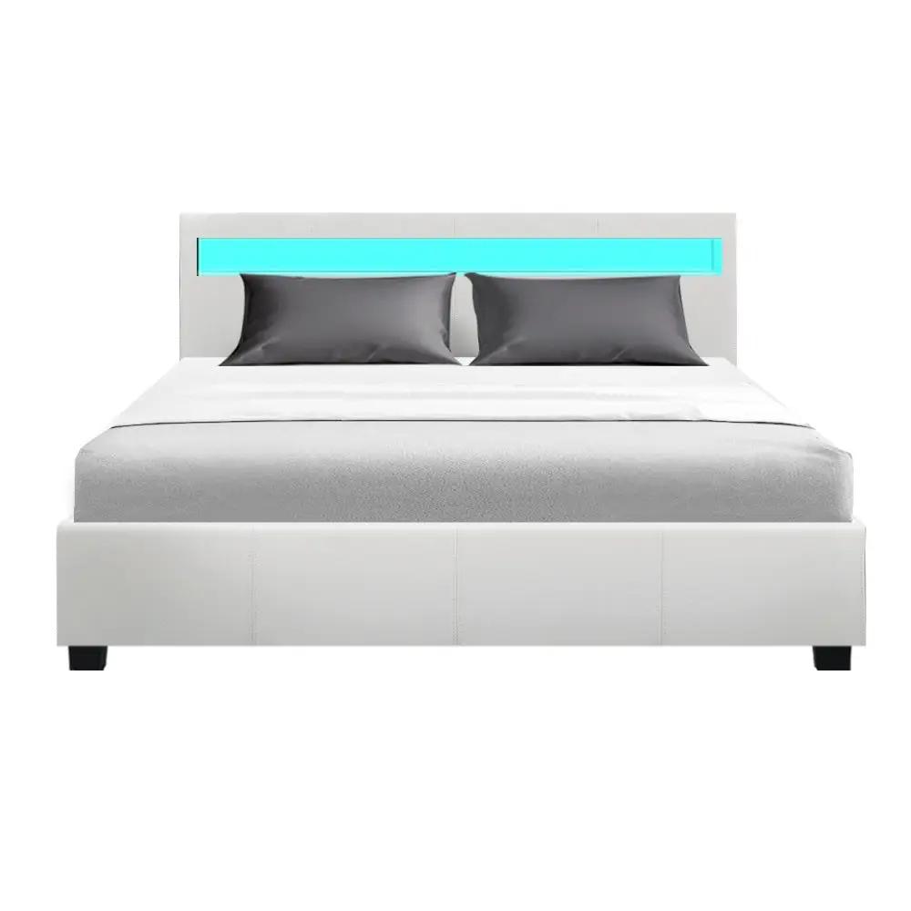 Queen (White) LED Gas Lift Bed Frame | PU Leather | RadianceLift