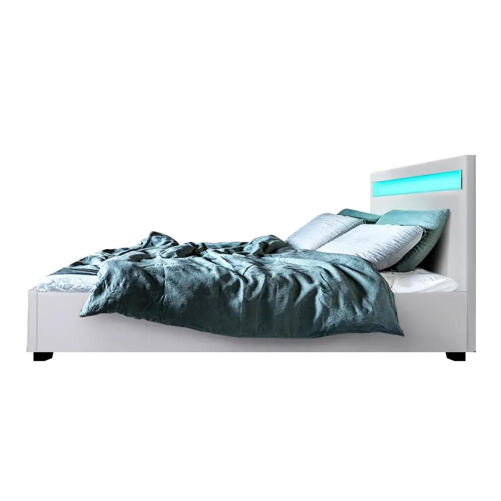 Queen (White) LED Gas Lift Bed Frame | PU Leather | RadianceLift