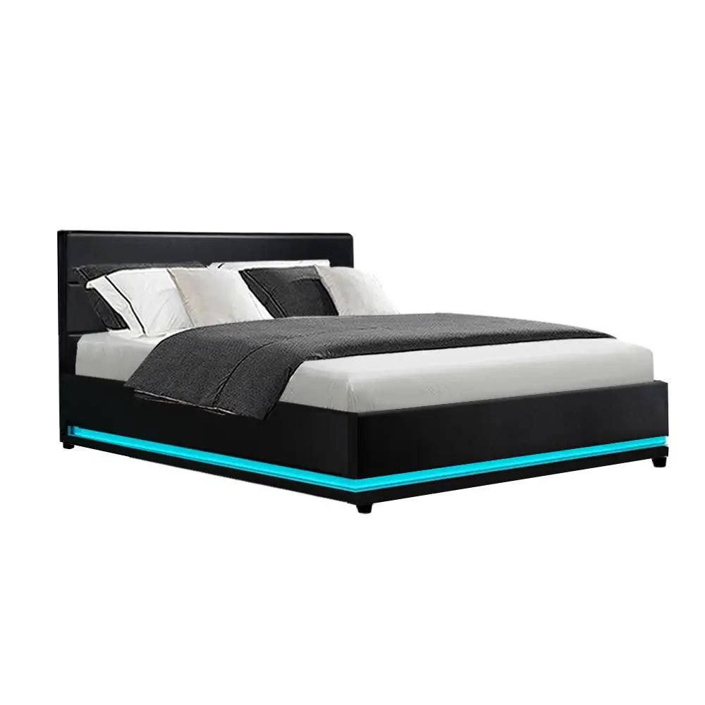 Bed Frame Double Size LED Gas Lift - Black LuxeLite - PU Leather