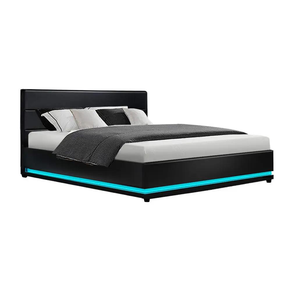 Bed Frame Queen Size LED Gas Lift - Black LuxeLite