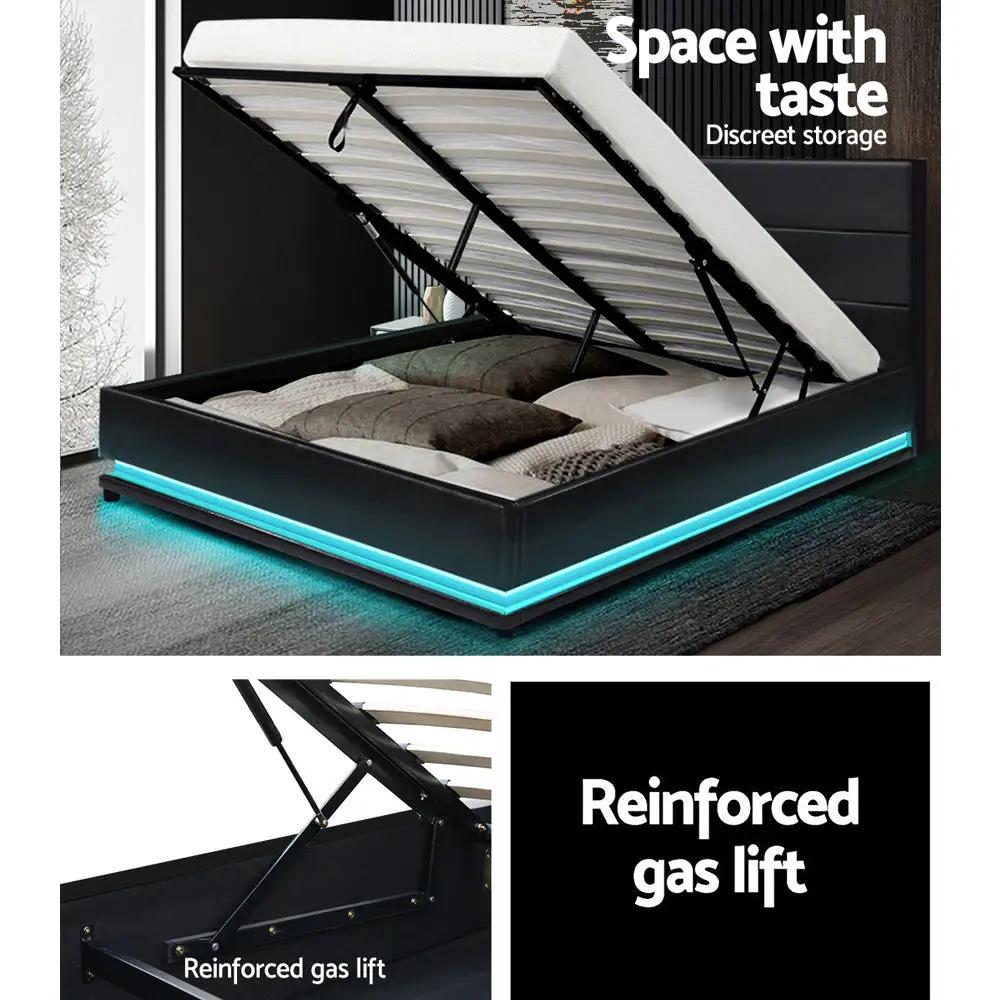 Queen (Black) LED Gas Lift Bed Frame | LuxeLite