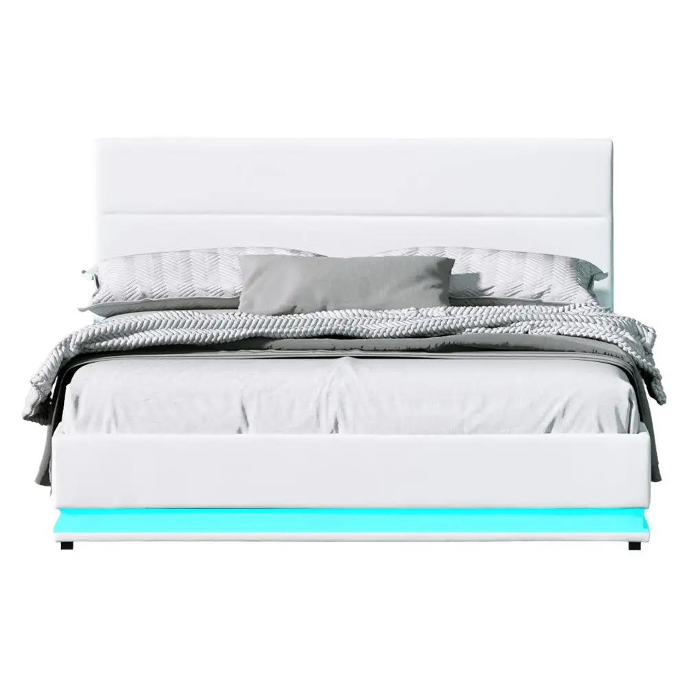 Queen (White) LED Gas Lift Bed Frame | LuxeLite