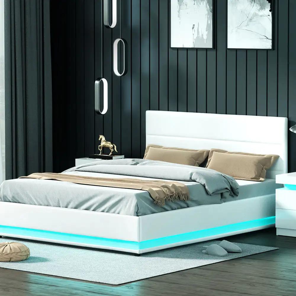 Queen (White) LED Gas Lift Bed Frame | LuxeLite