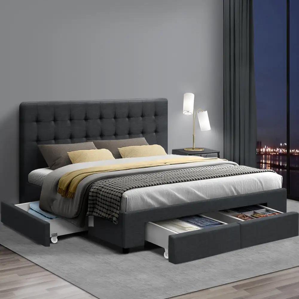 LuxDream Bed Frame Double Size with 4 Drawers Grey