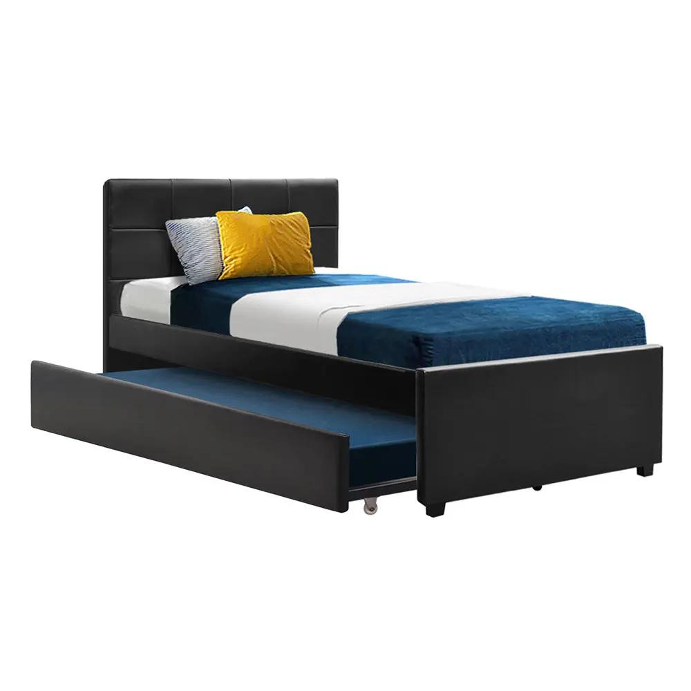 King Single Black Leather Trundle Bed Frame | Eleganzia