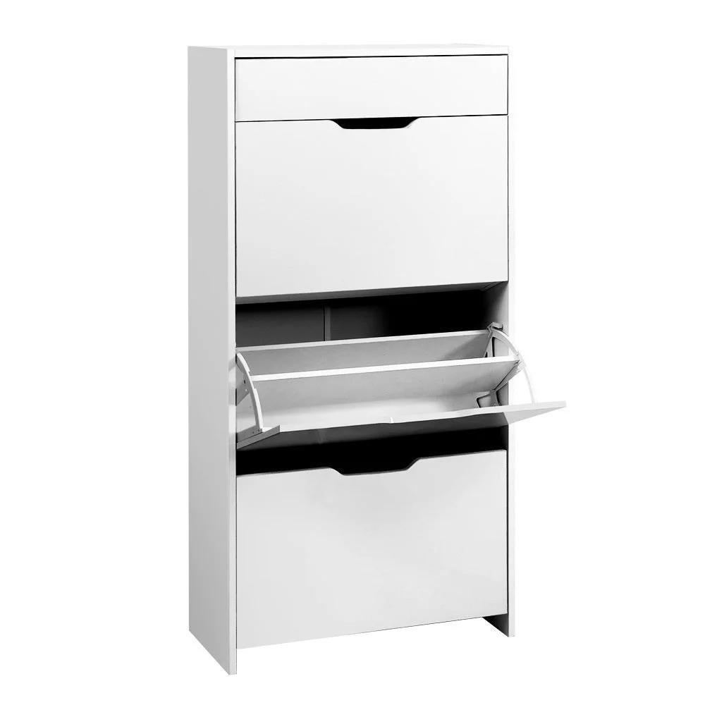 3 Tier Shoe Rack Cabinet with Drawer | High Gloss White