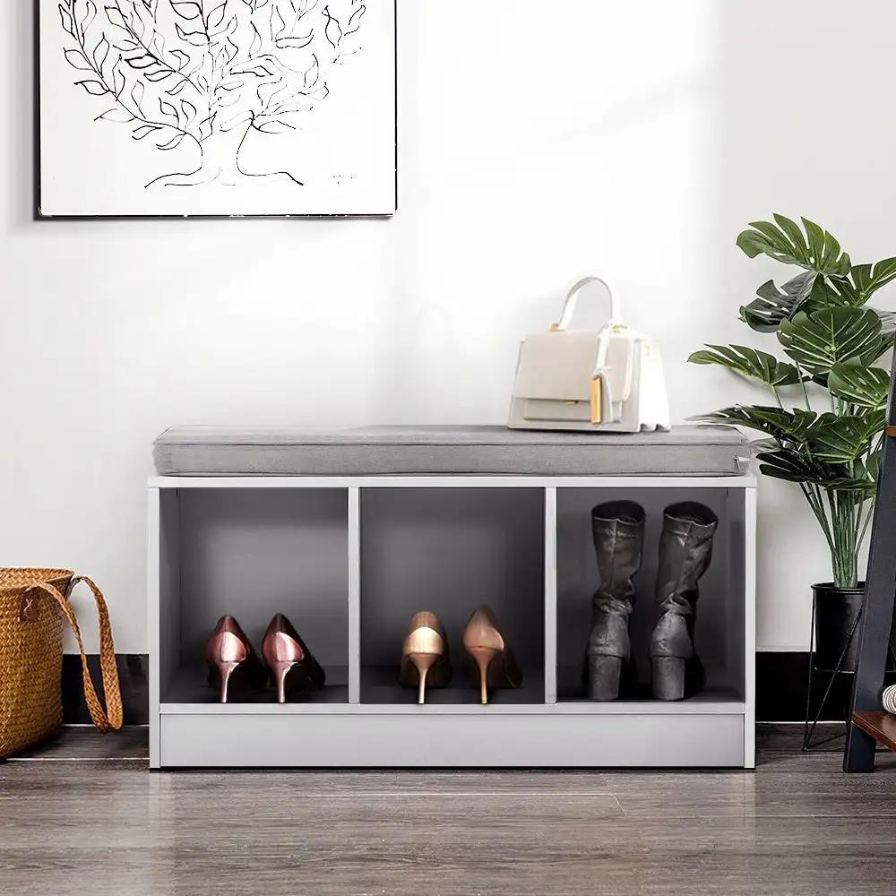 Shoe Cabinet Bench with 3 Cubes & Seat Cushion | White