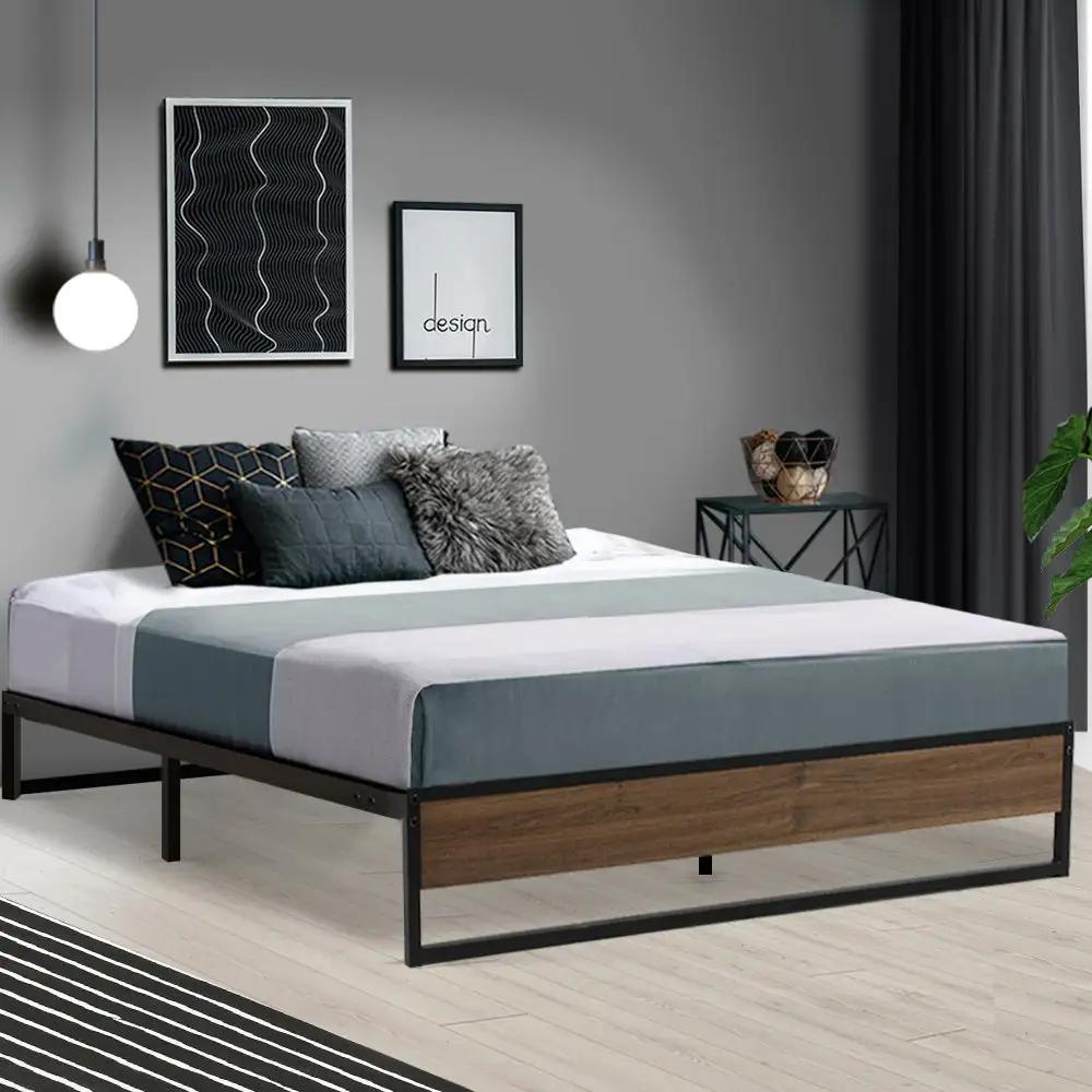 Double Metal Bed Frame (Black & Wood) | Osloniam