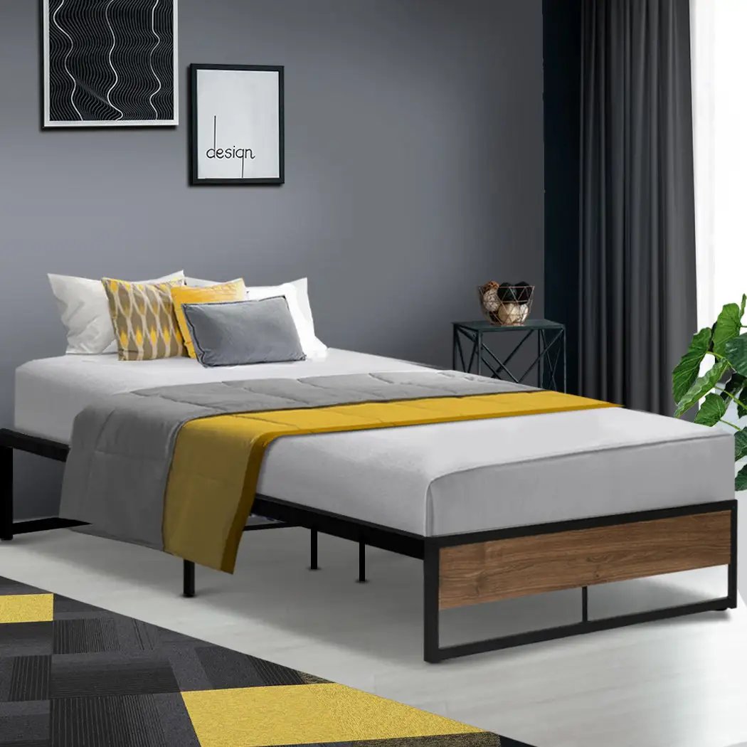 King Single Metal Bed Frame (Black & Wood) | Osloniam