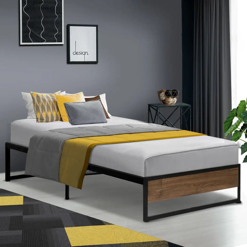 Single Metal Bed Frame (Black & Wood) | Osloniam