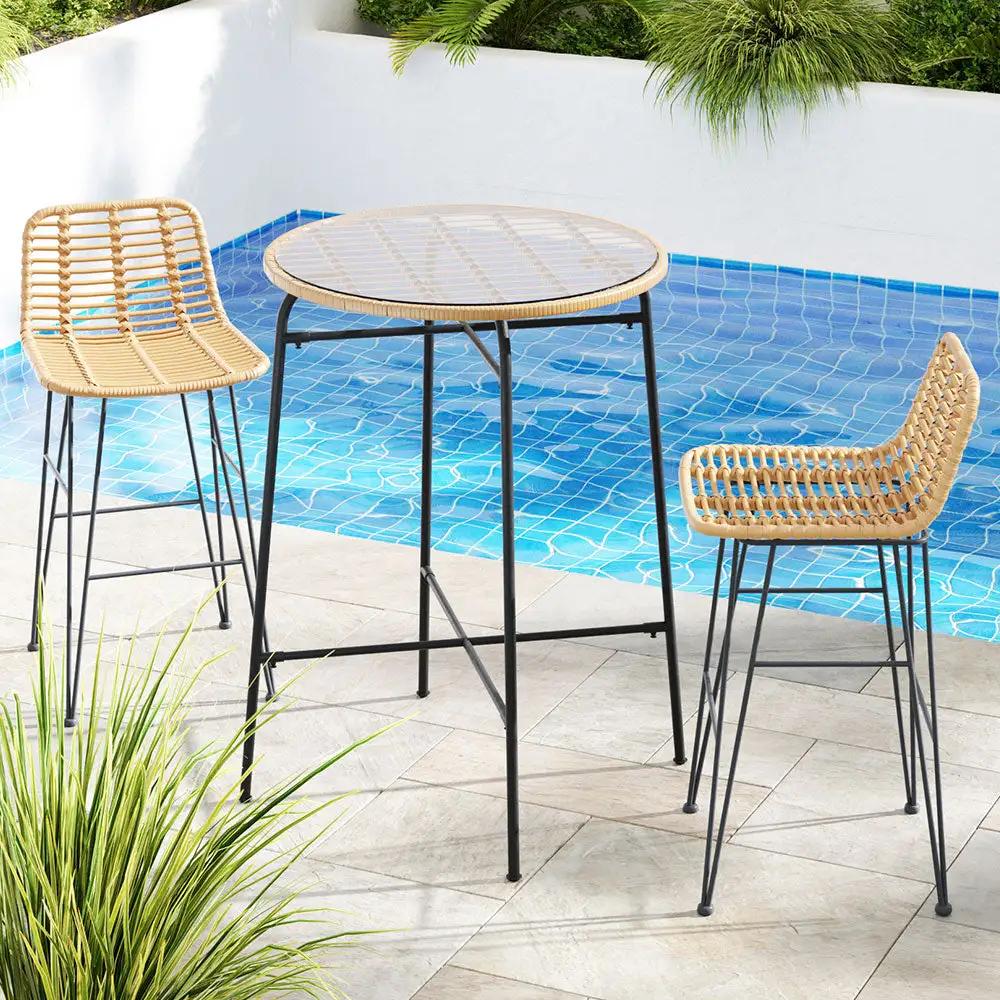 Outdoor Wickerly Bar Set with Table and 2 Chairs | Brown and Black