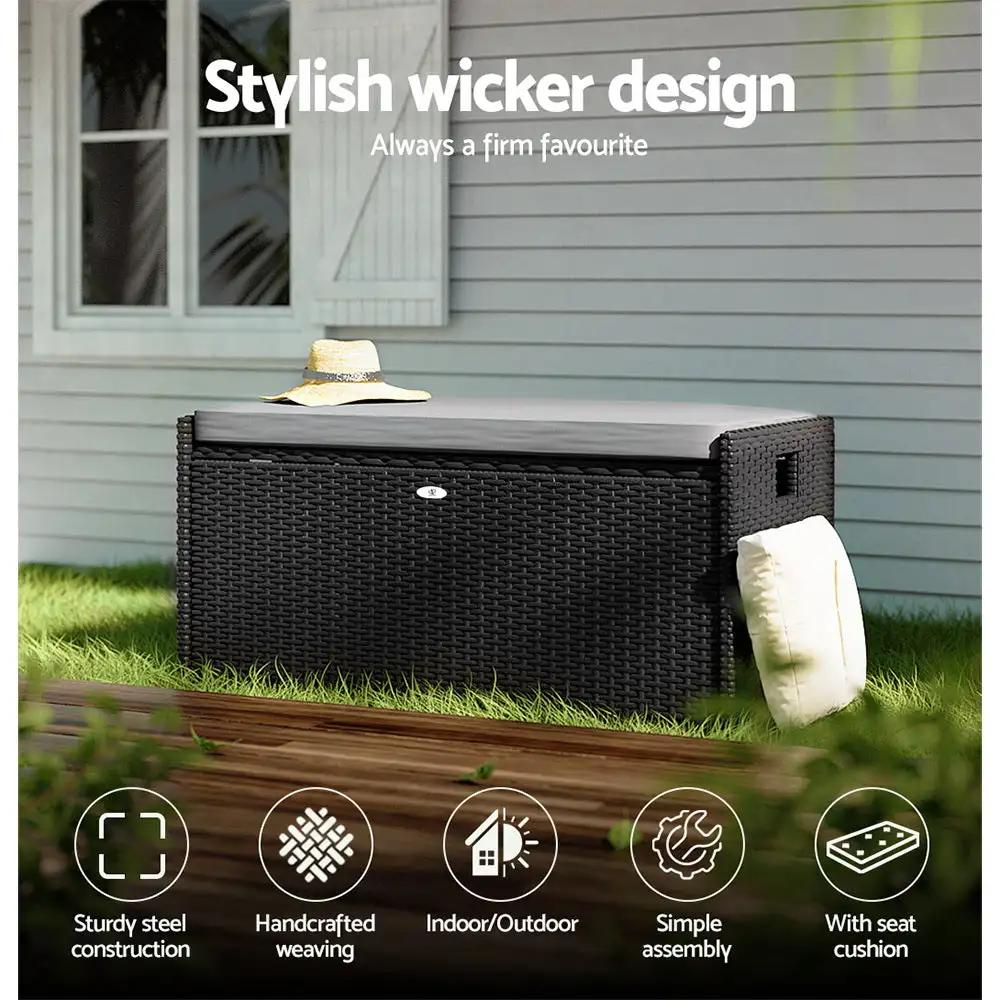 WickerWave Outdoor Storage Bench | Black | 102L