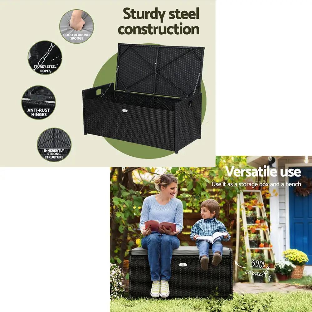 WickerWave Outdoor Storage Bench | Black | 102L