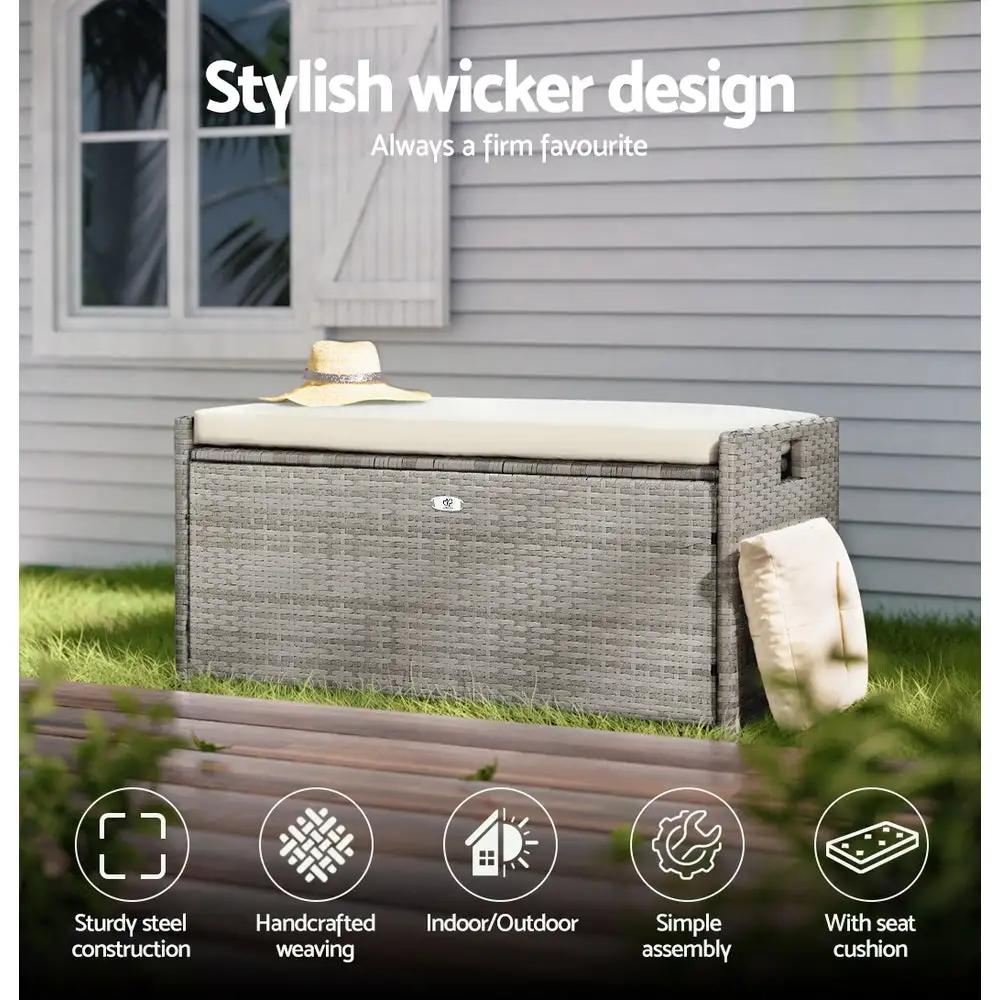 WickerWave Outdoor Storage Bench | Grey | 102L