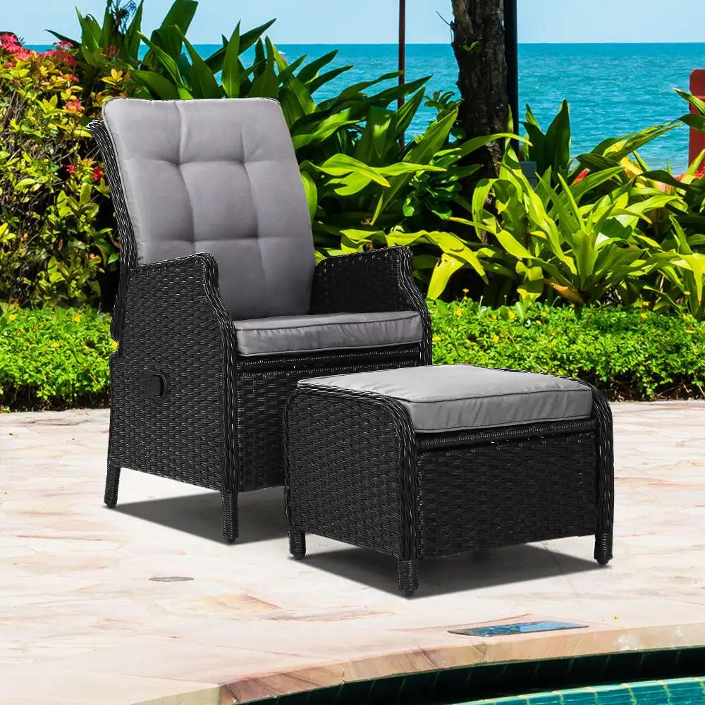 Luxe Retreat Wicker Recliner with Ottoman | Black