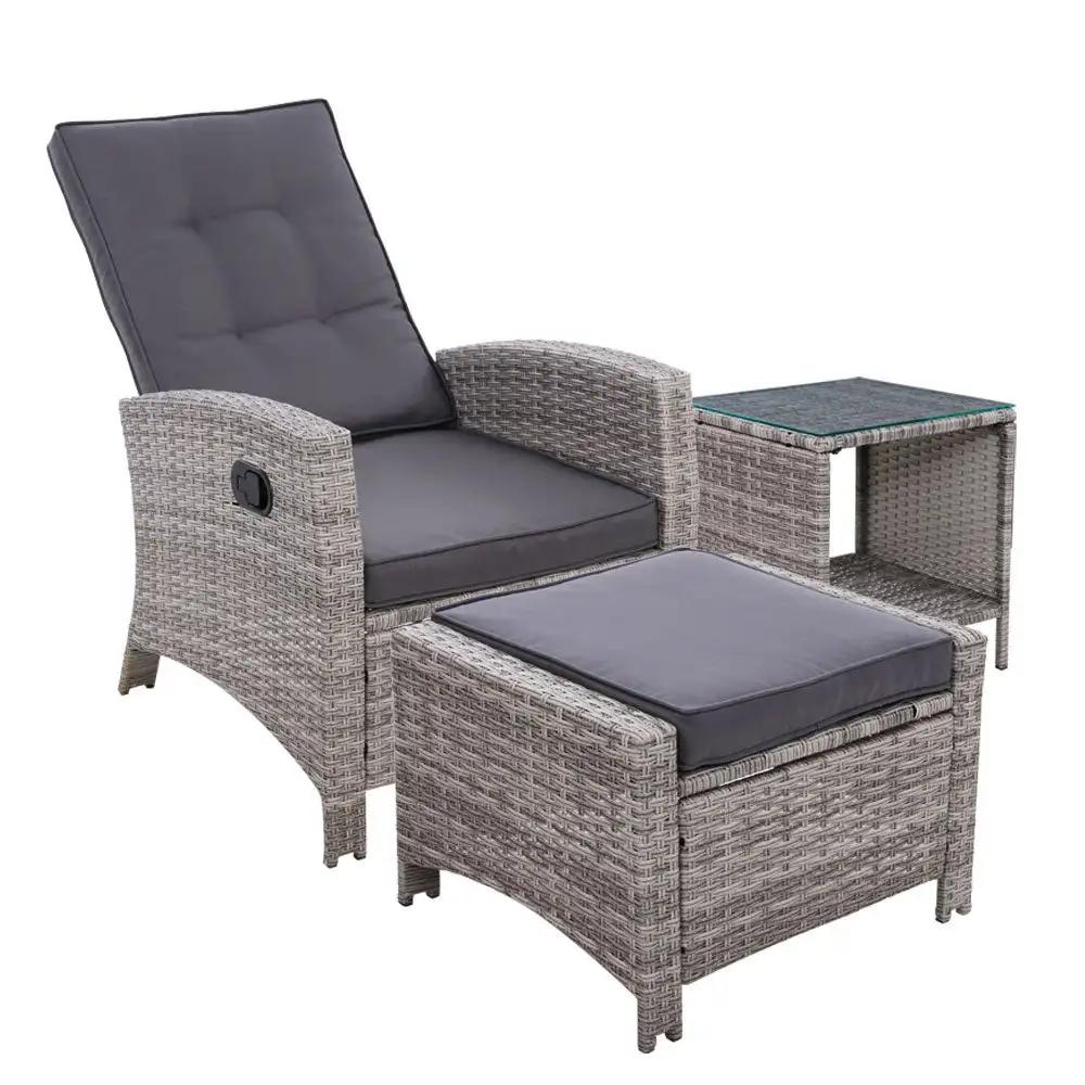 Wickerasis Outdoor Recliner Chair with Table & Ottoman (3pc) | Grey