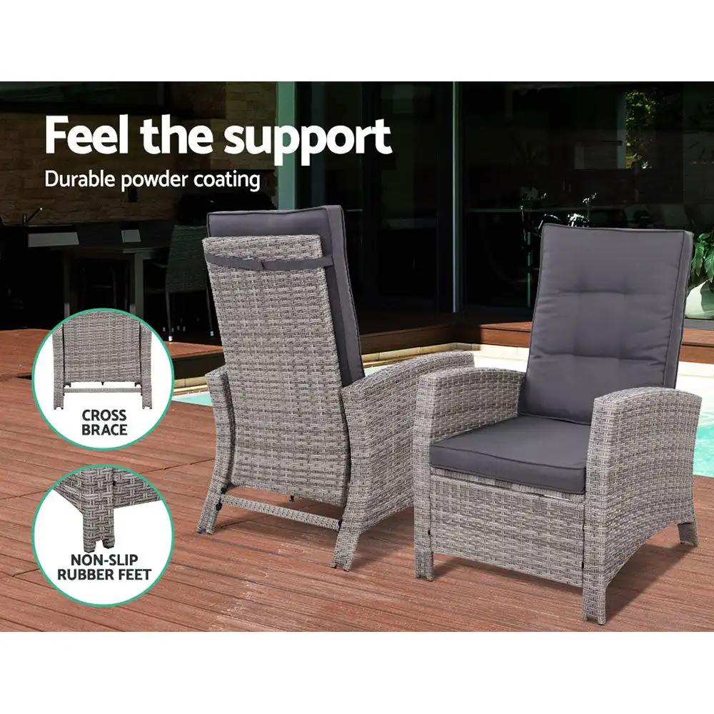 Wickerasis Outdoor Recliner Chair with Table & Ottoman (3pc) | Grey