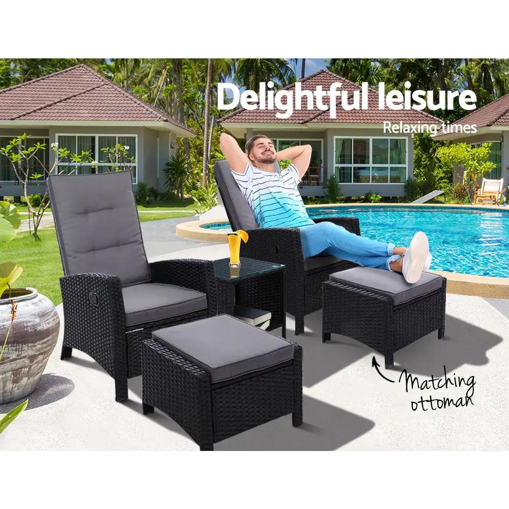 Luxe Oasis Wicker Recliner Set with Table| Black