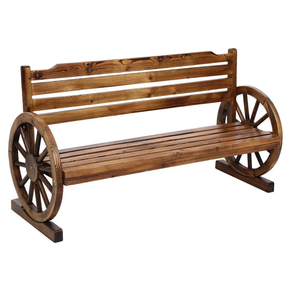 Rustic 3 Seat Wagon Wheel Bench | Brown