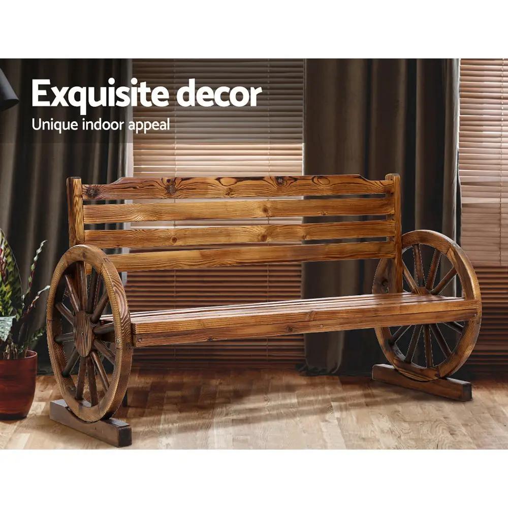 Rustic 3 Seat Wagon Wheel Bench | Brown