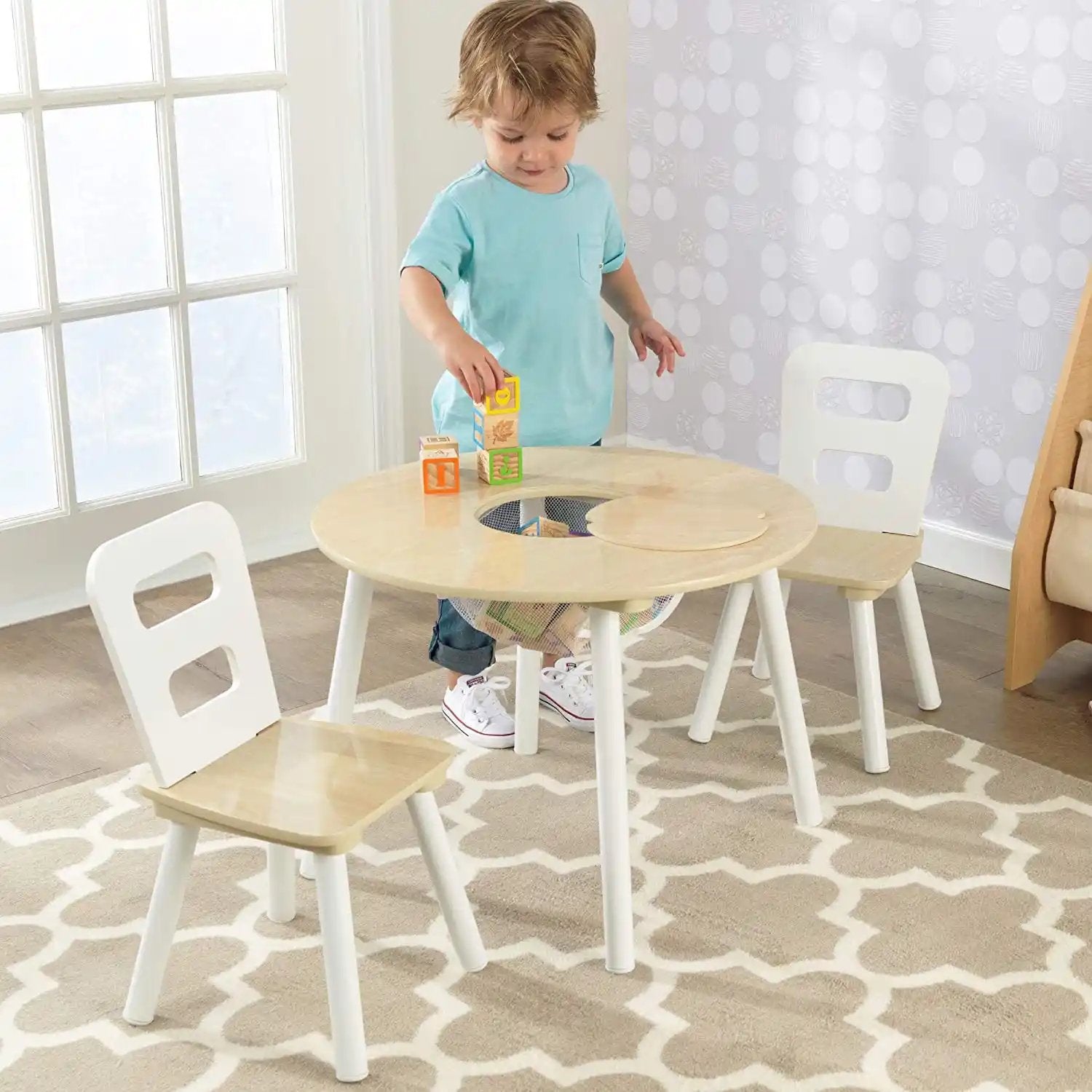 Childrens Round Table with 2 Chairs | White & Wood