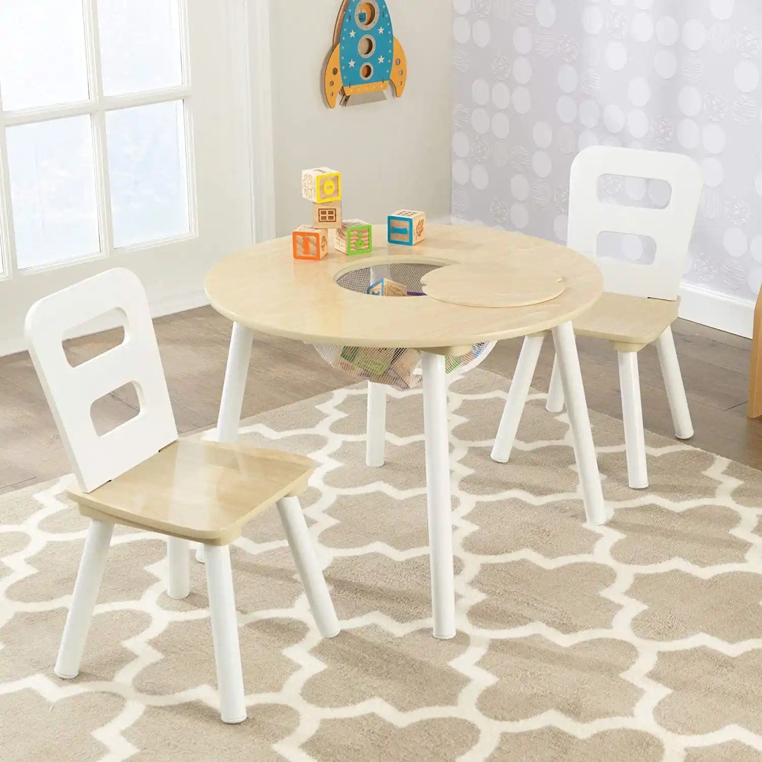 Childrens Round Table with 2 Chairs | White & Wood