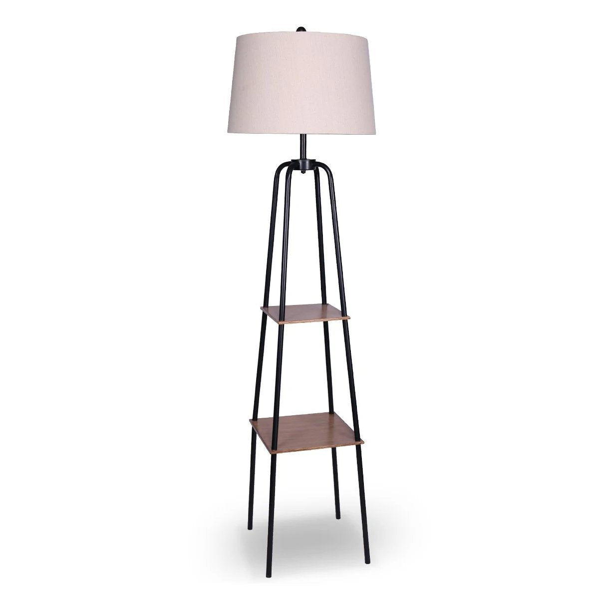 Metal Floor Lamp with Shade & Shelves | Wood Colour