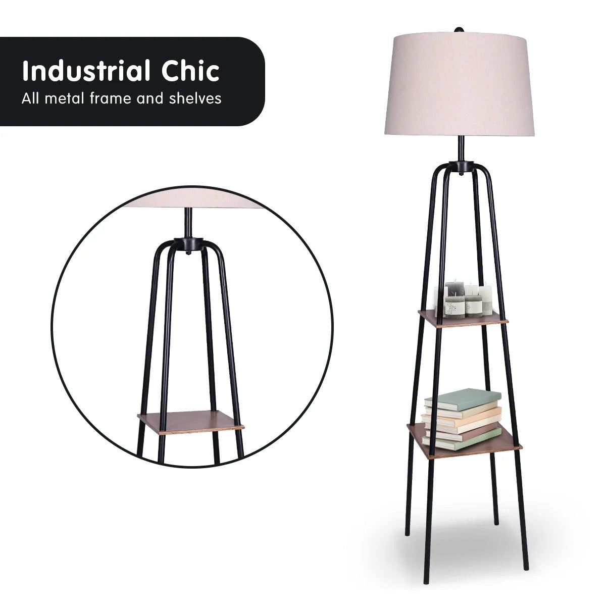 Metal Floor Lamp with Shade & Shelves | Wood Colour