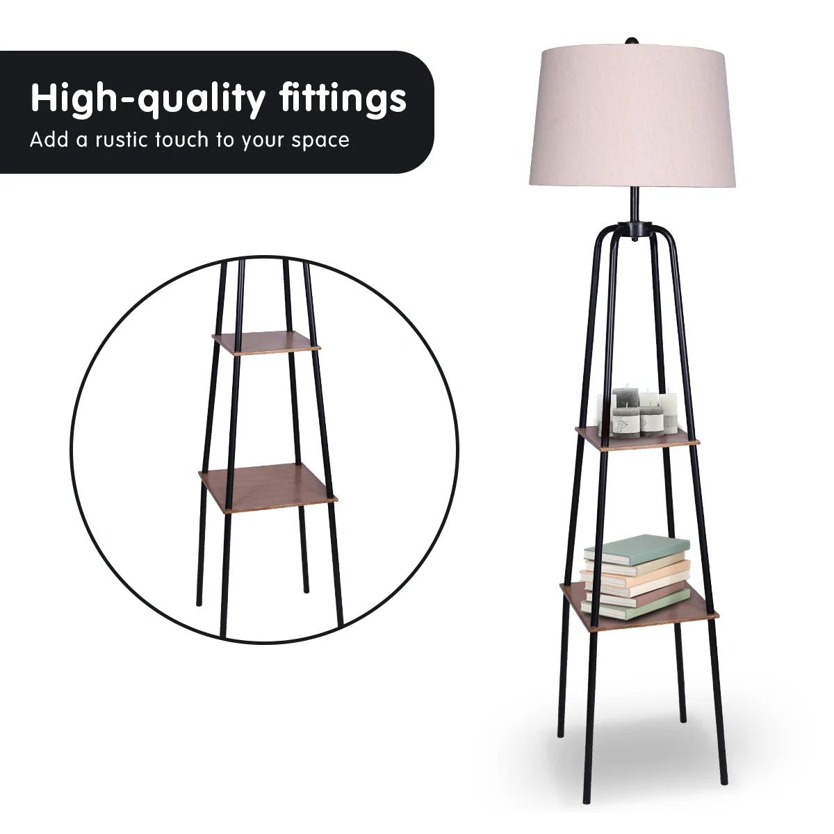 Metal Floor Lamp with Shade & Shelves | Wood Colour