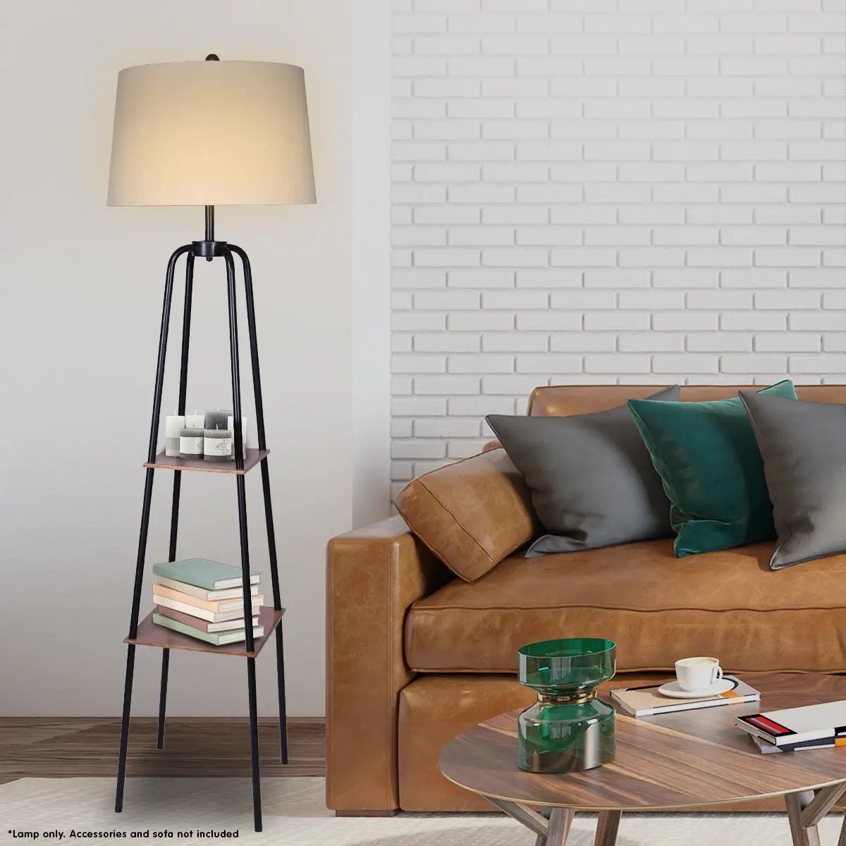 Metal Floor Lamp with Shade & Shelves | Wood Colour