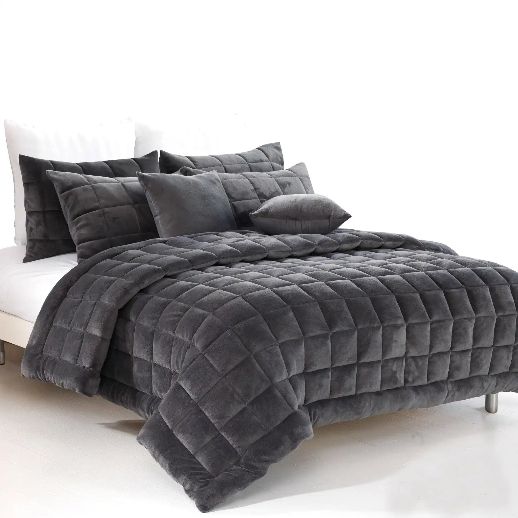 King Luxe Faux Mink Quilt Comforter Set | Charcoal