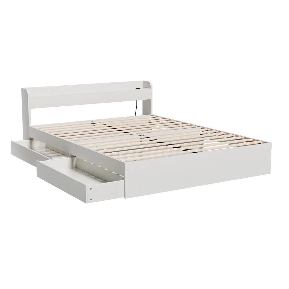 Queen (White) Bed Frame with Charging Ports & 2 Storage Drawers | Aurasi