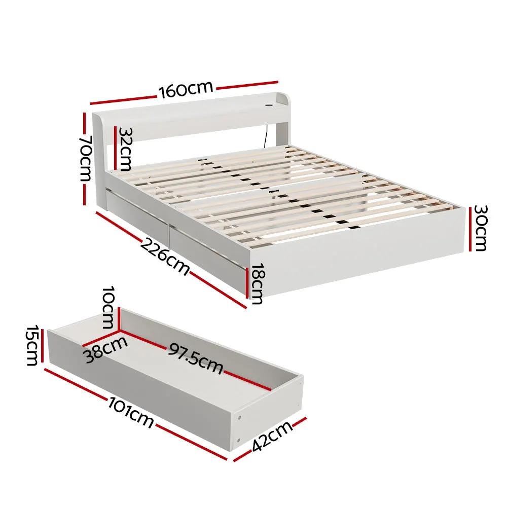 Queen (White) Bed Frame with Charging Ports & 2 Storage Drawers | Aurasi