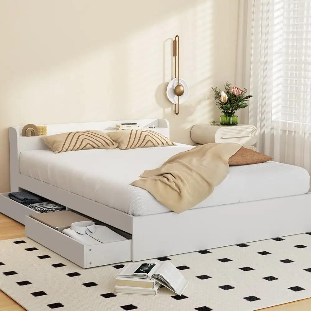 Queen (White) Bed Frame with Charging Ports & 2 Storage Drawers | Aurasi